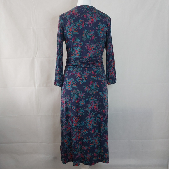 Boden Wrap Top Purple Navy 3/4 Sleeve Midi Jersey Dress Stretch Floral Size 16L - Picture 6 of 10